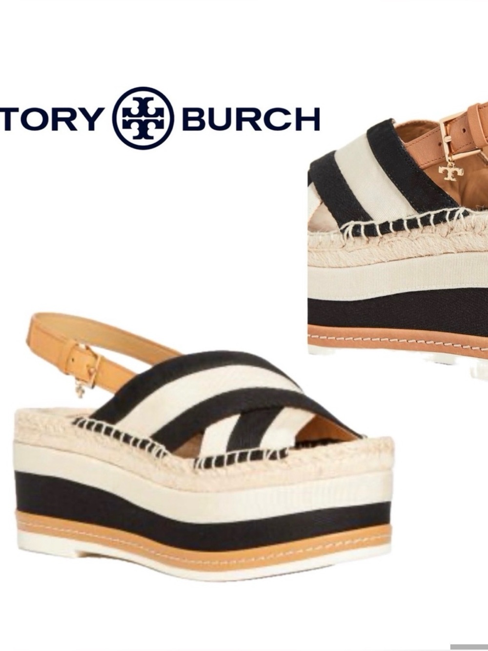 Tory Burch Women's Grosgrain Platform Espadrille Sandals Black & White Striped